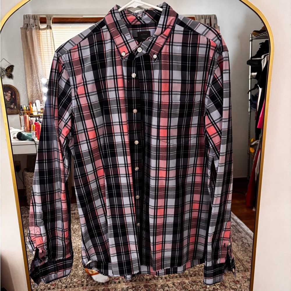 GAP Men's Pink and Black Plaid Button-Down Shirt